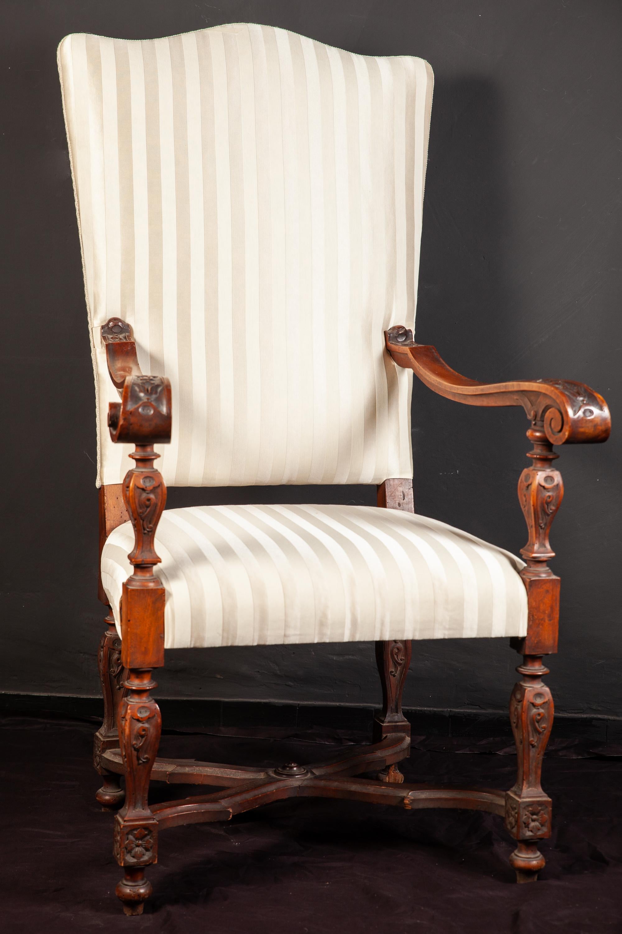 Louis XIV Pair of Italian 19th Century Walnut Carved Armchairs For Sale