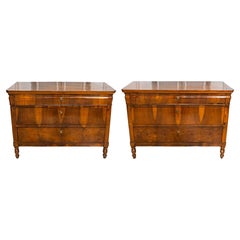 Pair of Italian 19th Century Walnut Three-Drawer Chests with Bookmatched Veneer