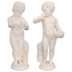 Antique Pair of Italian 19th Century White Carrara Marble Statues