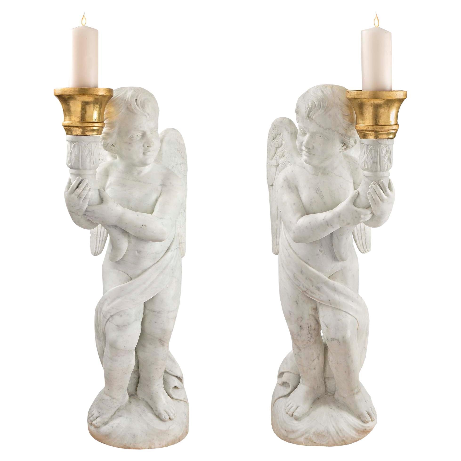 Pair of Italian 19th Century White Carrara Marble Torchères For Sale