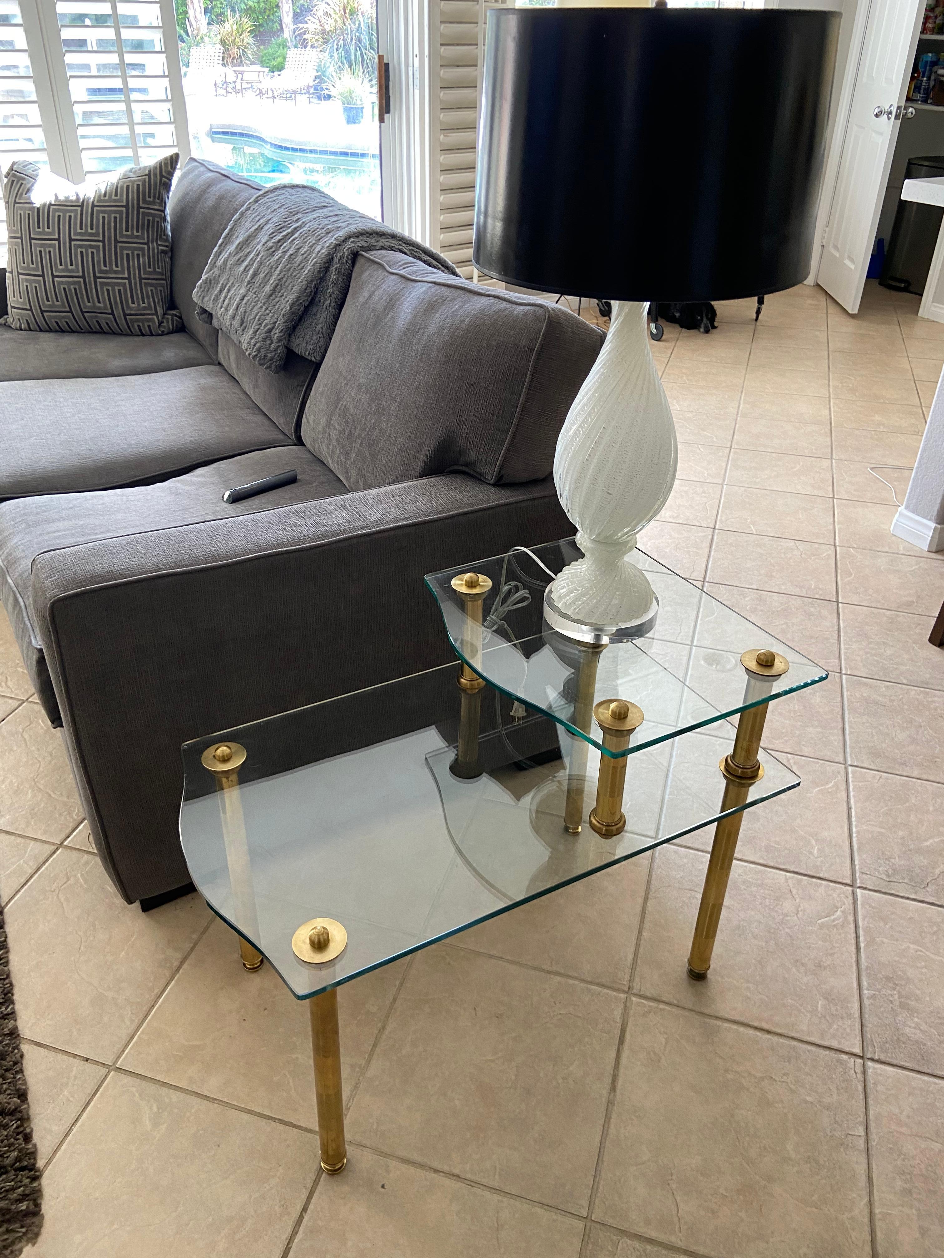 Pair of Italian 2 Tier 'Step' Brass Side or End Tables In Good Condition For Sale In Palm Springs, CA
