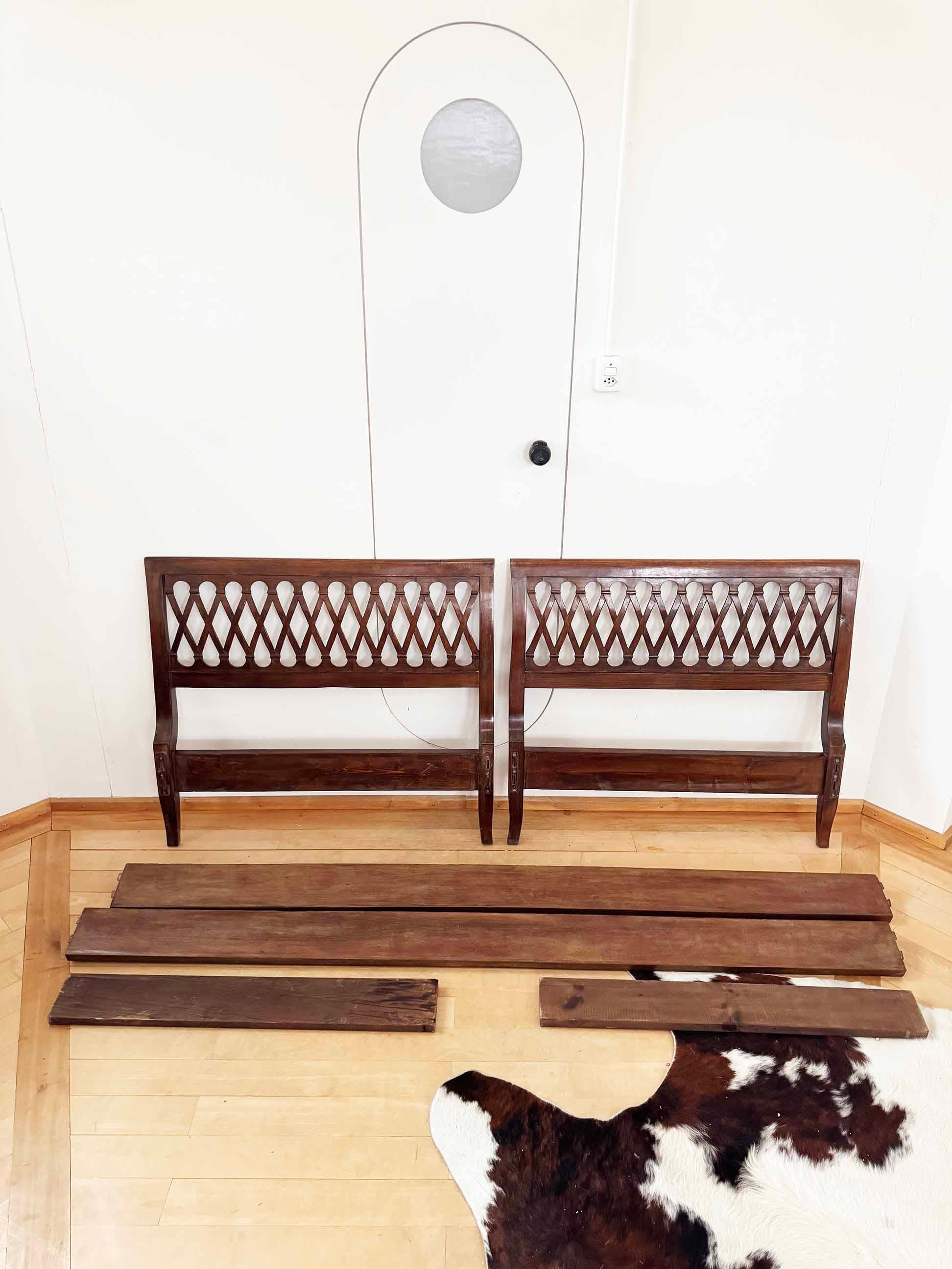 Pair of Italian 2 Twin / 1 King Bed frames in Walnut With Stunning Carved Detail For Sale 1