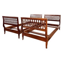 Used Pair of Italian 2 Twin / 1 King Bed frames in Walnut With Stunning Carved Detail