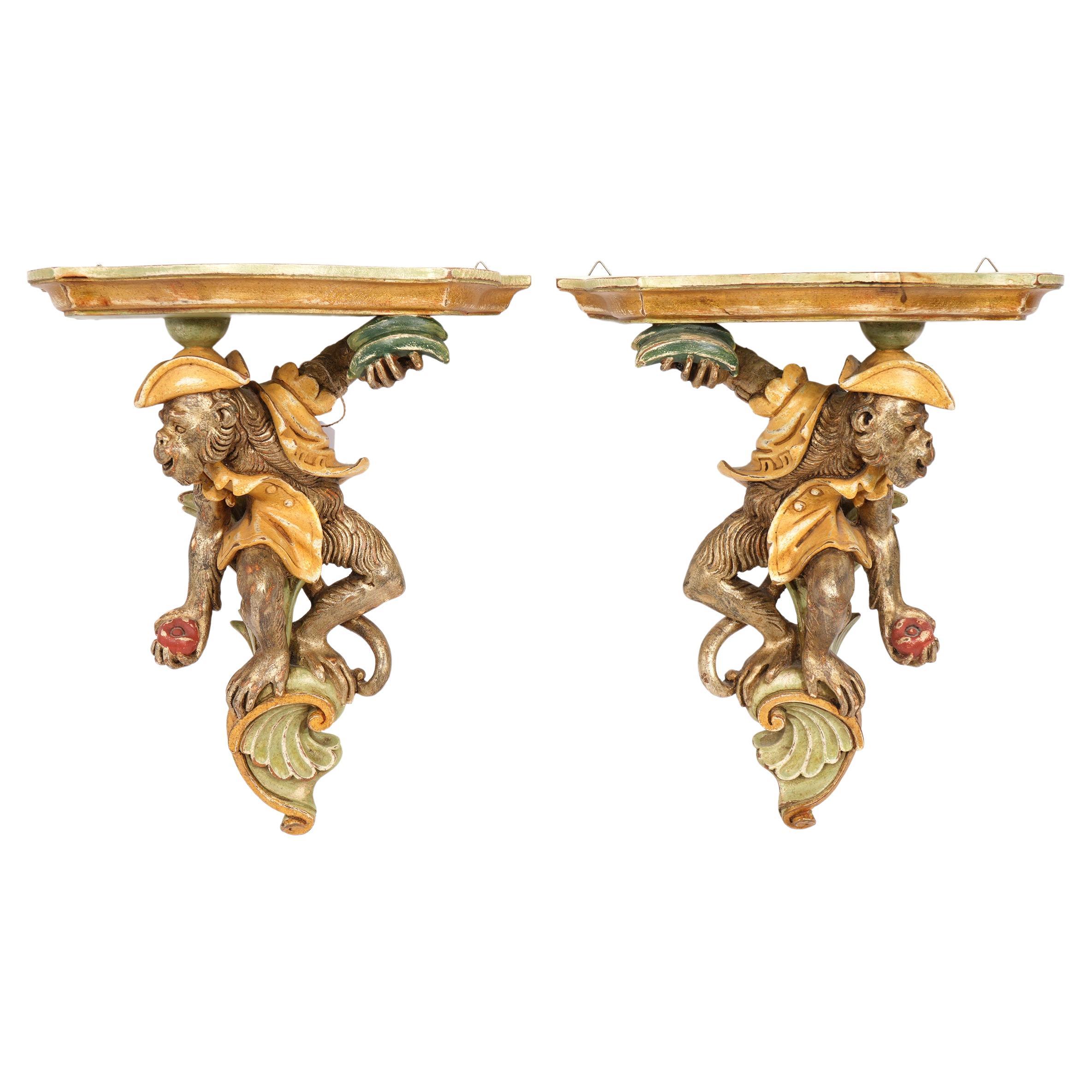 Pair of Italian 20th C Carved and Polychrome Painted Monkey Pirate Wall Brackets