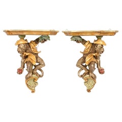 Pair of Italian 20th C Carved and Polychrome Painted Monkey Pirate Wall Brackets