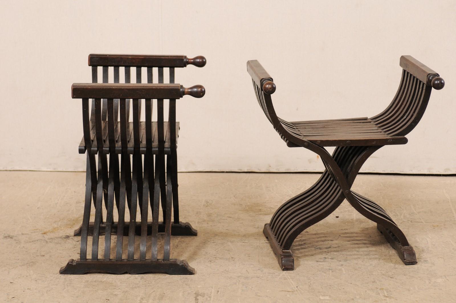 Pair of Italian 20th Century Dante Style Backless Savonarola Chairs 1