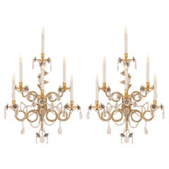 Pair of Italian 20th Century Gilt Metal, Ormolu, Glass and Crystal Sconces