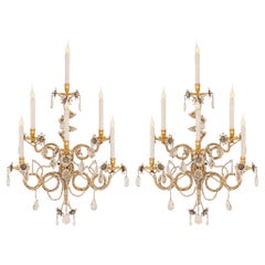 Vintage Pair of Italian 20th Century Gilt Metal, Ormolu, Glass and Crystal Sconces