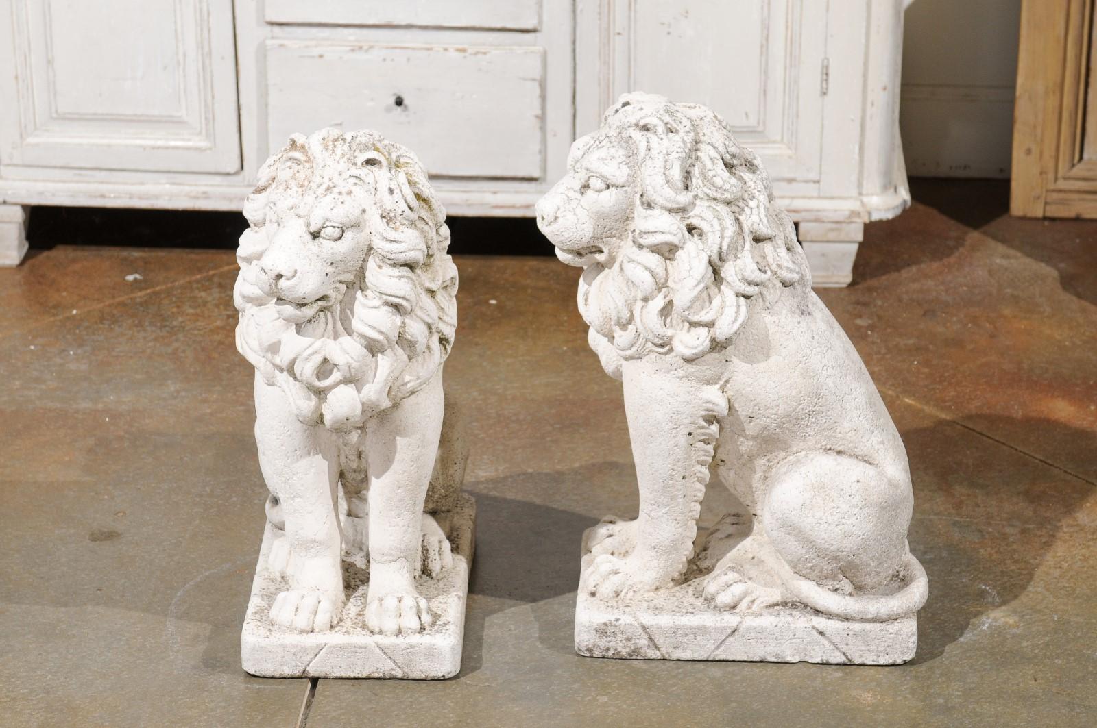 Pair of Italian 20th Century Reconstituted Stone Seated Lions Sculptures 7