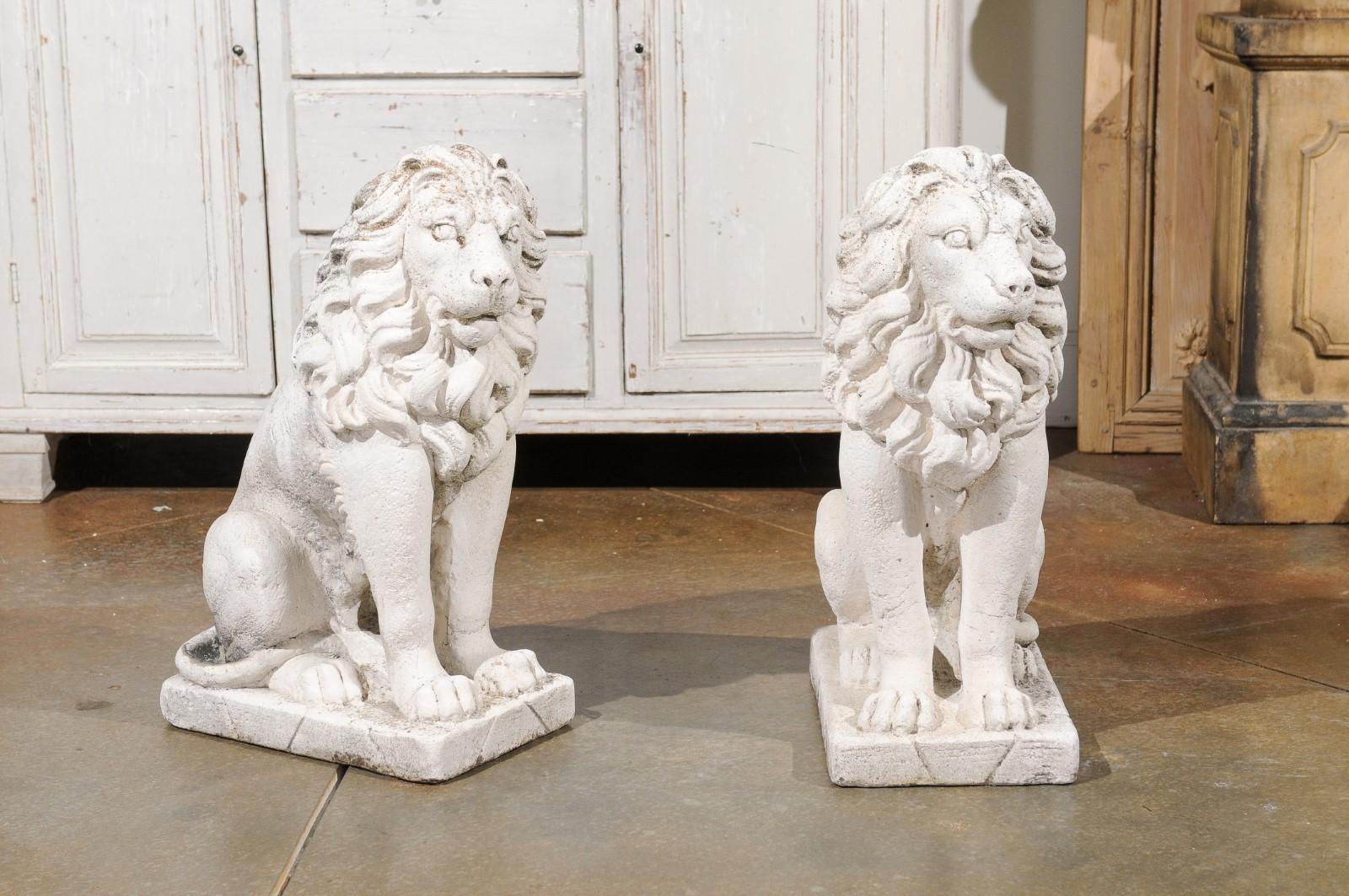 Pair of Italian 20th Century Reconstituted Stone Seated Lions Sculptures In Good Condition In Atlanta, GA