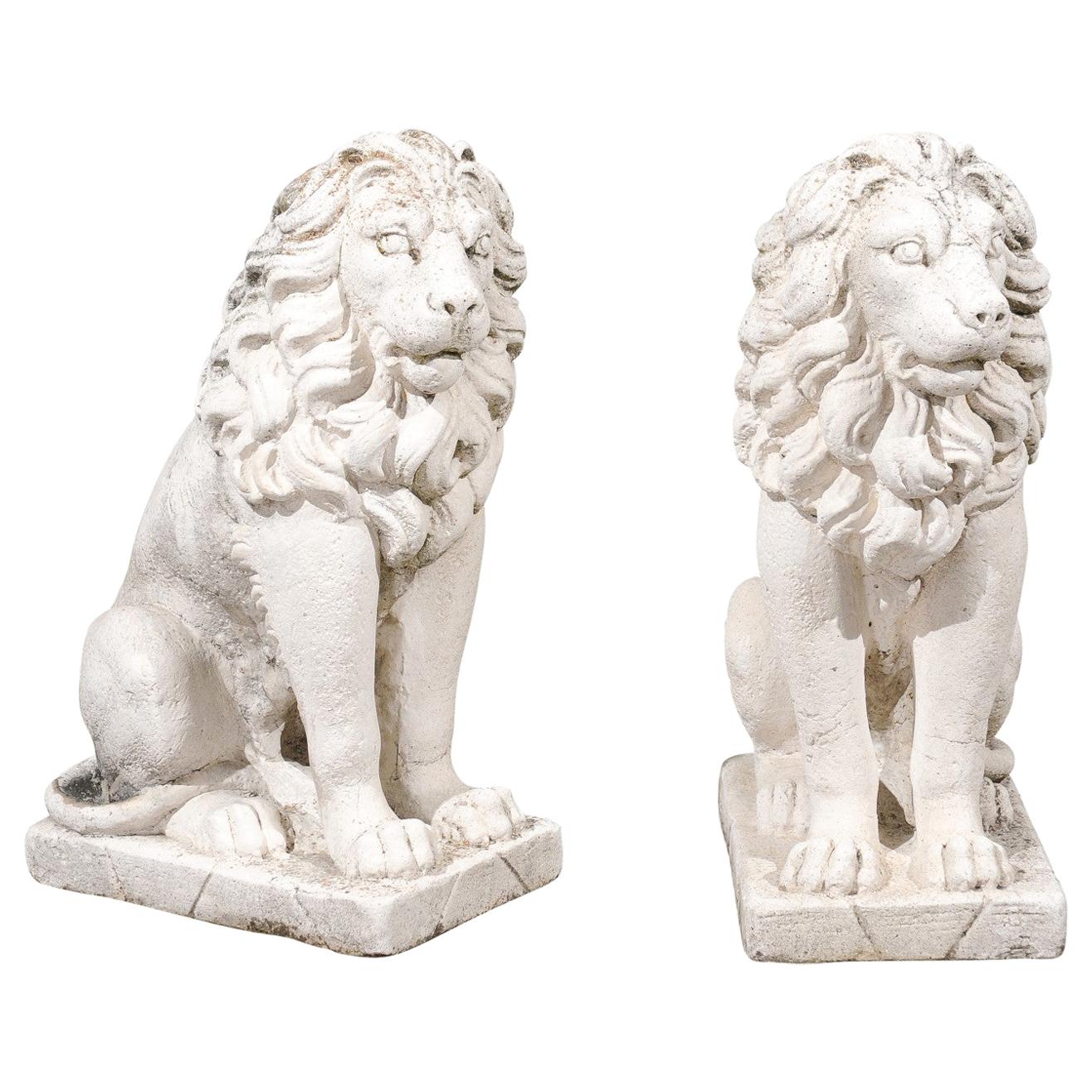 Pair of Italian 20th Century Reconstituted Stone Seated Lions Sculptures