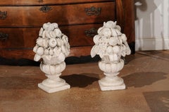 Pair of Italian 20th Century Reconstituted Stone Vases with Carved Fruits