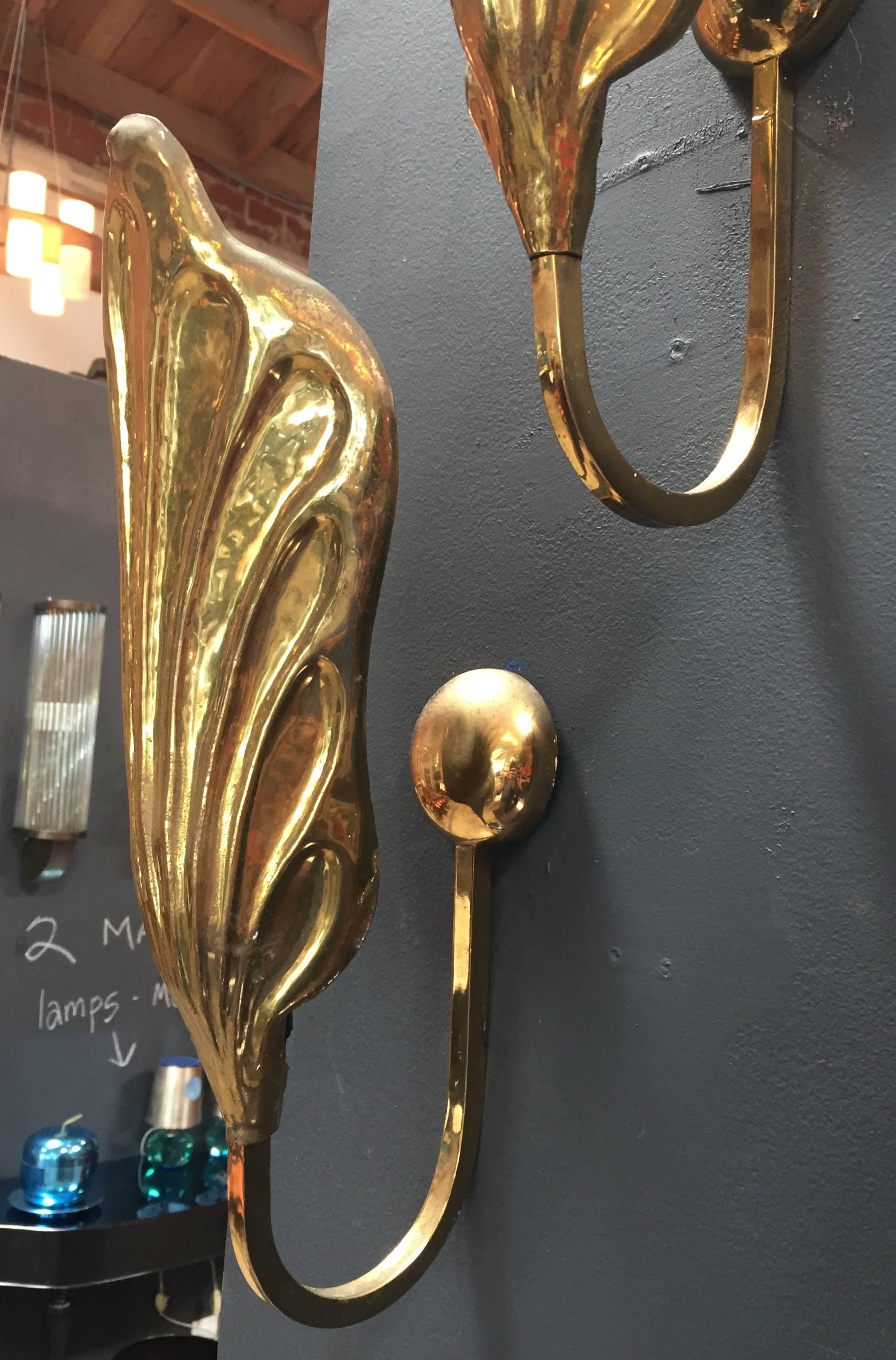 Gilt Pair of Italian 20th Century Sconces in Brass by Tommaso Barbi