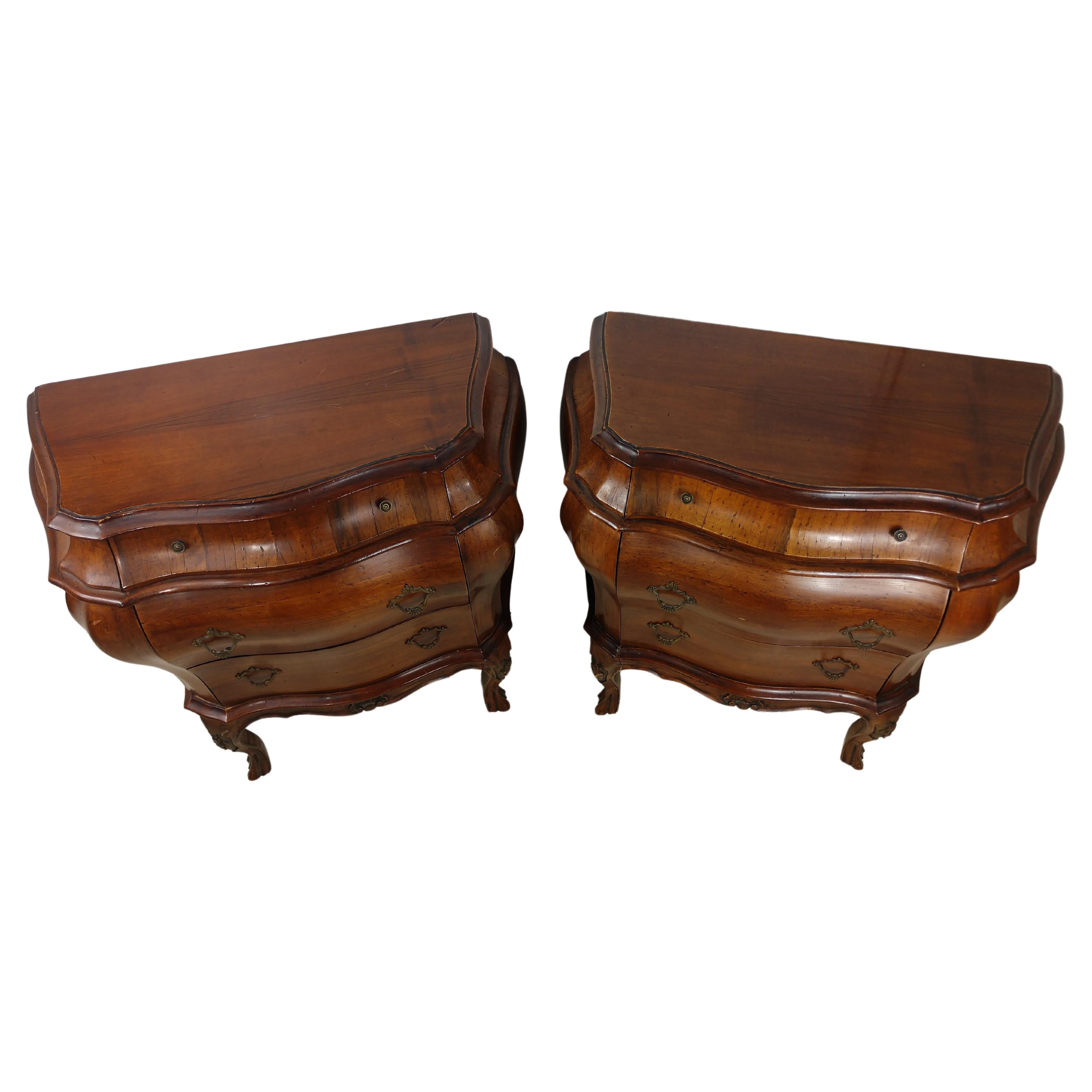 Rococo Pair of Italian 3 Drawer Hand Crafted Bombe Commodes Night Tables, C1955