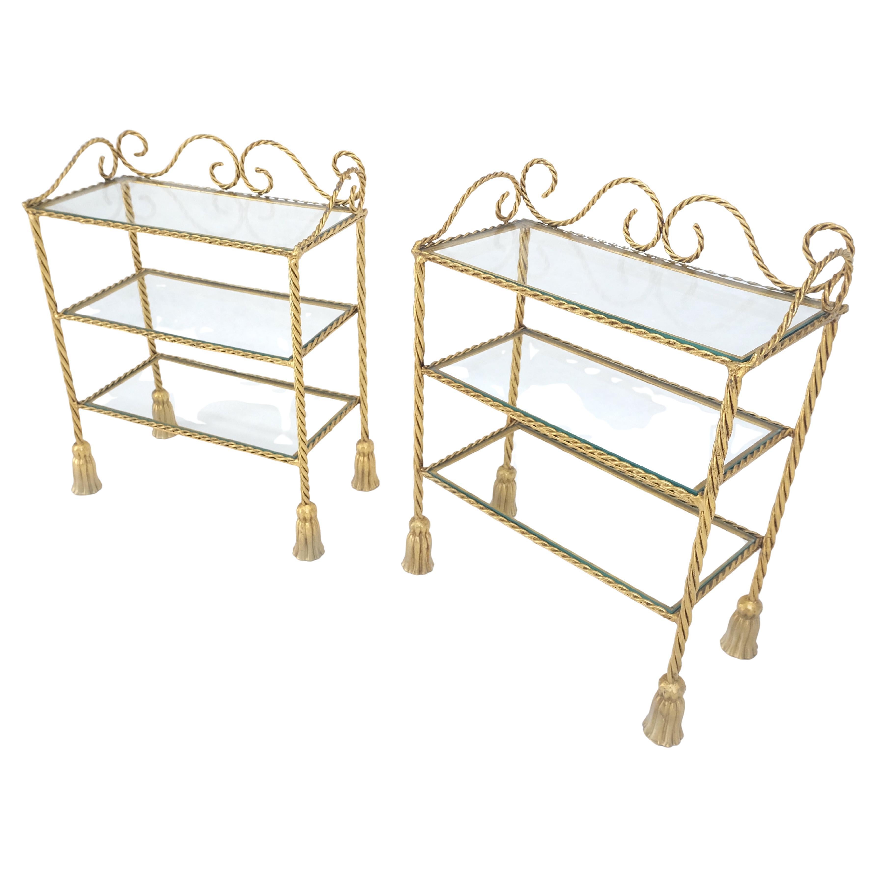 Pair of Italian 3 TierGold Gilt "Twisted Rope" Iron Side End Tables Stands MINT For Sale