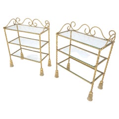 Pair of Italian 3 TierGold Gilt "Twisted Rope" Iron Side End Tables Stands MINT