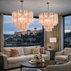 Pair of Italian 36 Pink Glass Chandeliers, Murano, 1970s