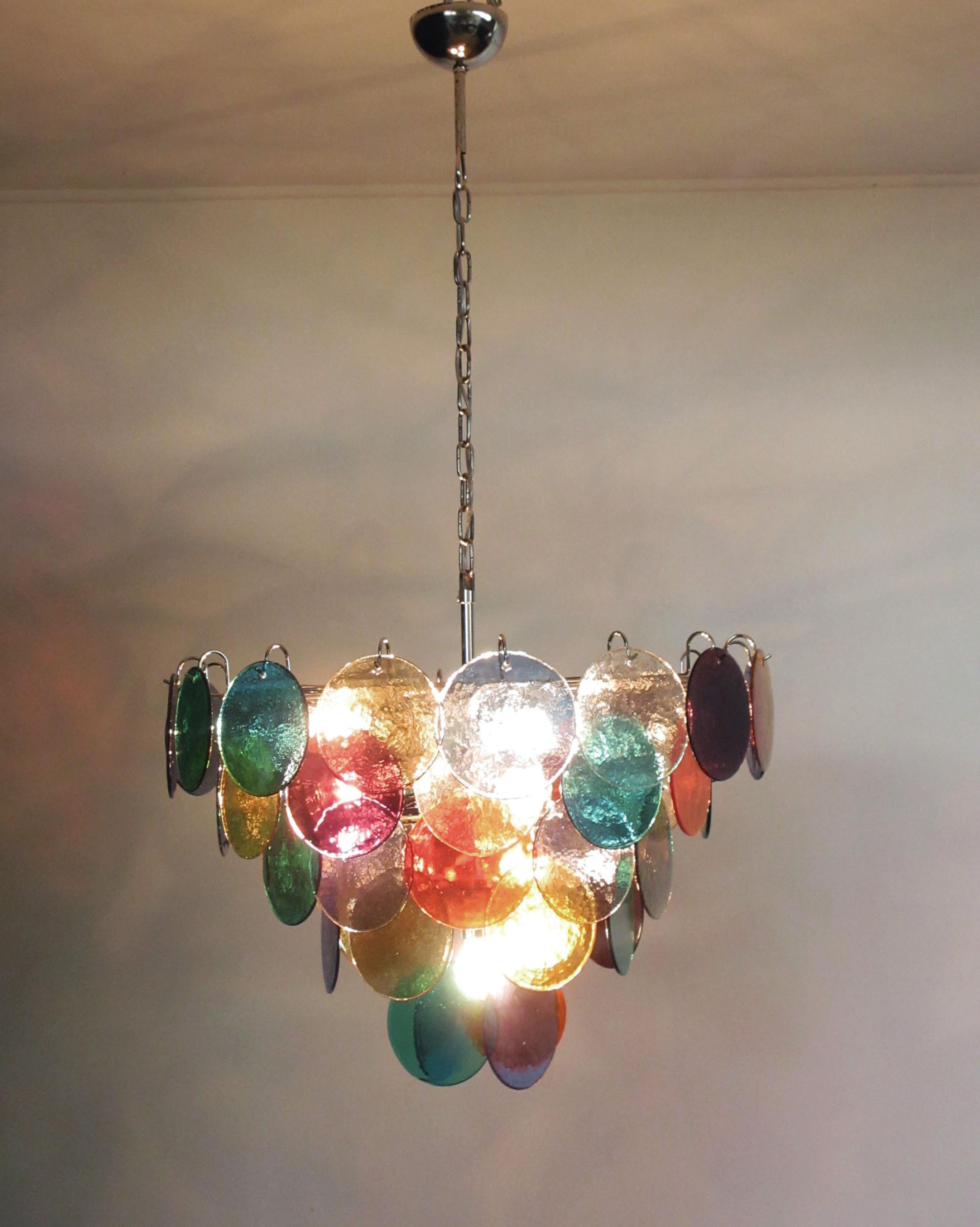 Pair of Italian 50 Multicolored Glass Disks Chandeliers, Murano For Sale 5