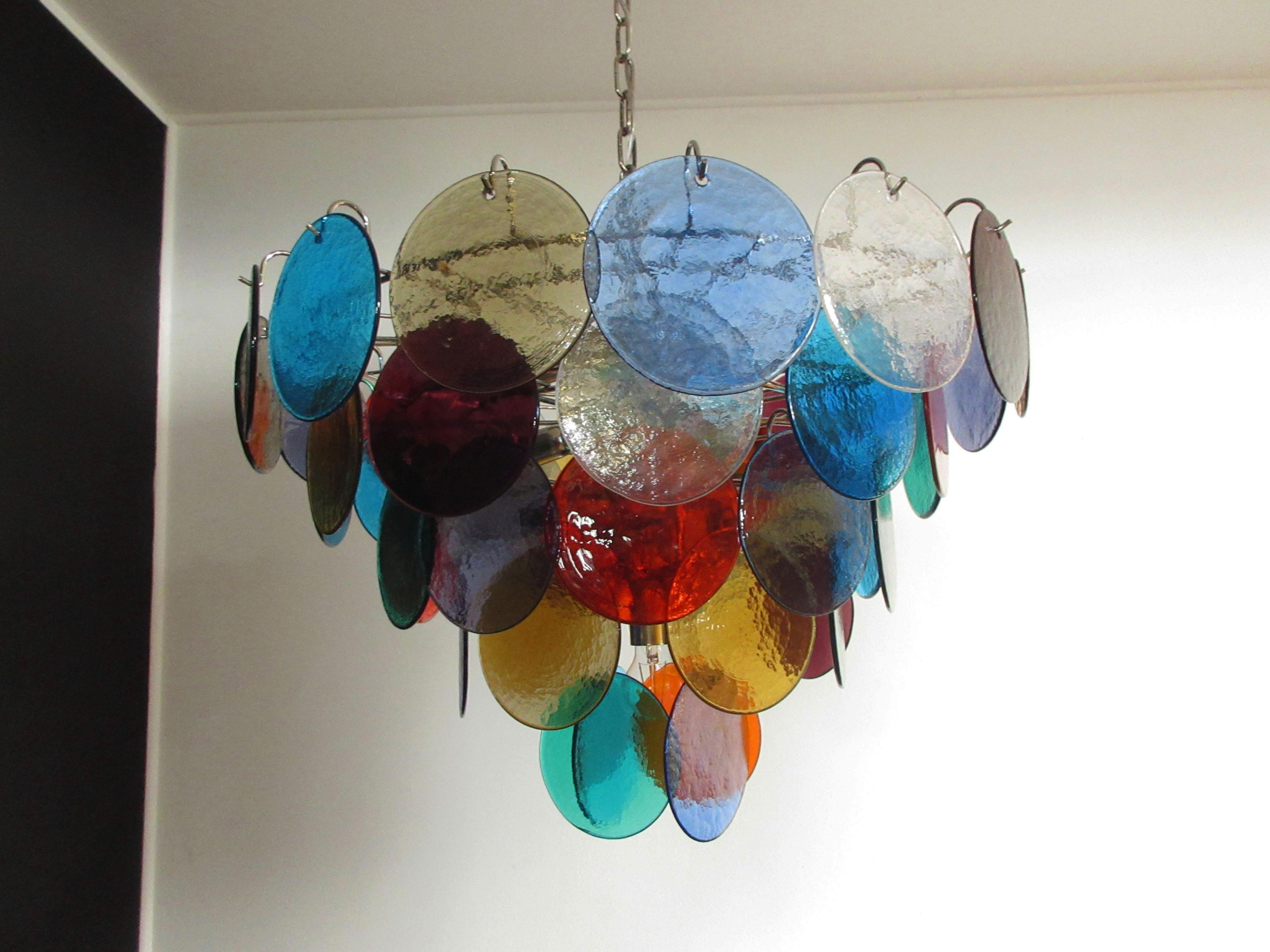 Pair of Italian 50 Multicolored Glass Disks Chandeliers, Murano For Sale 6