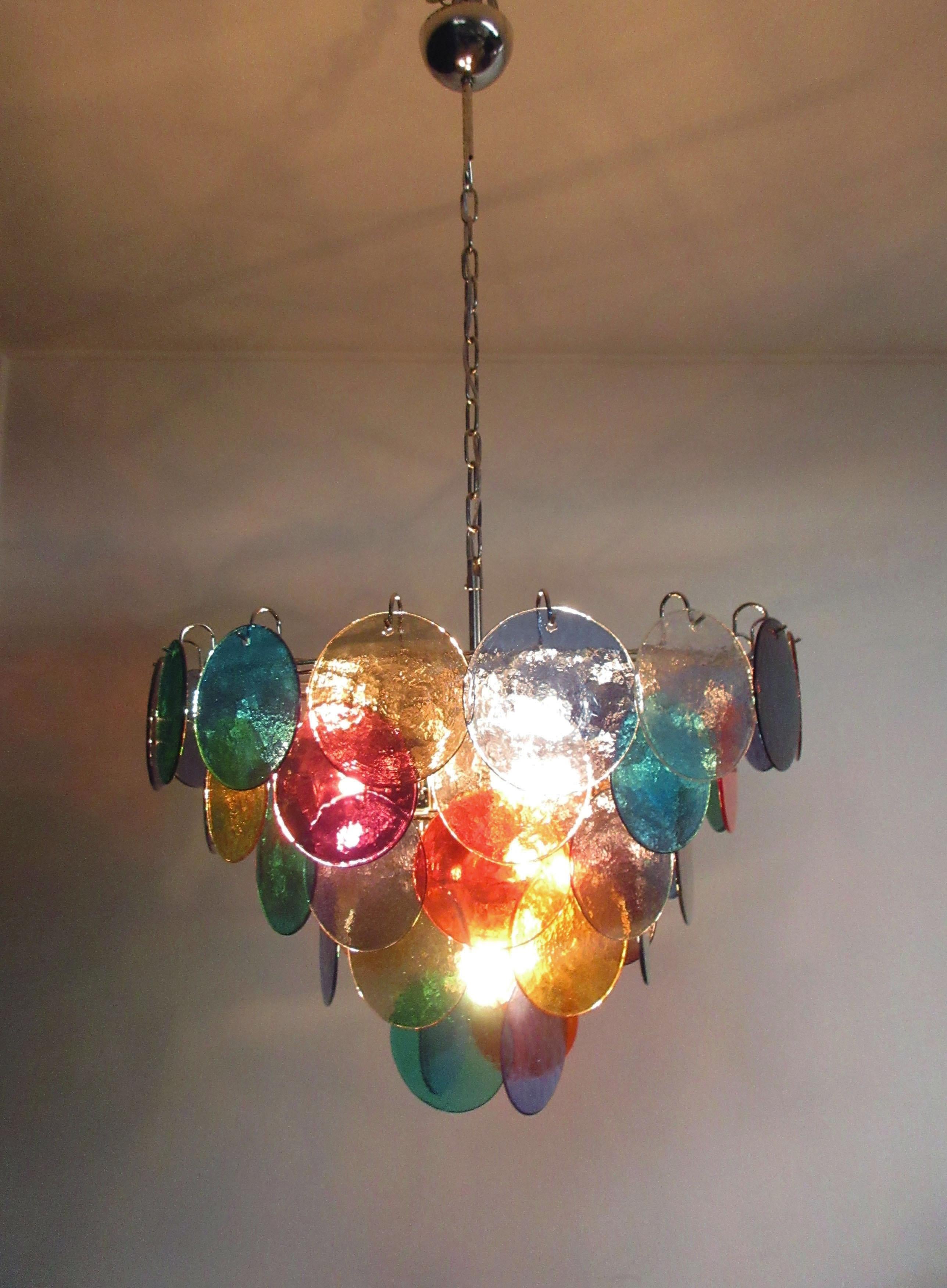 Pair of Italian 50 Multicolored Glass Disks Chandeliers, Murano For Sale 9