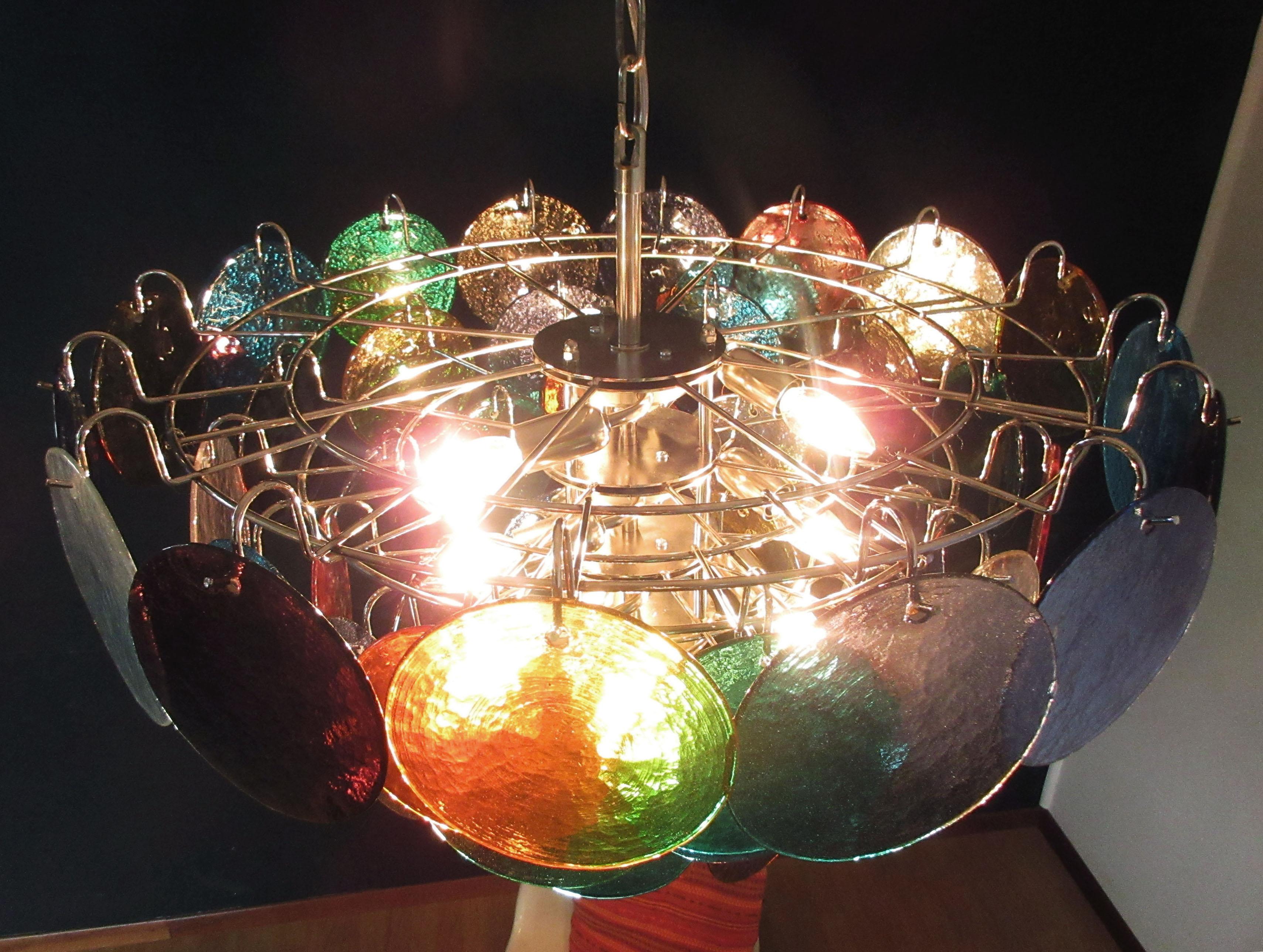 Pair of Italian 50 Multicolored Glass Disks Chandeliers, Murano For Sale 10