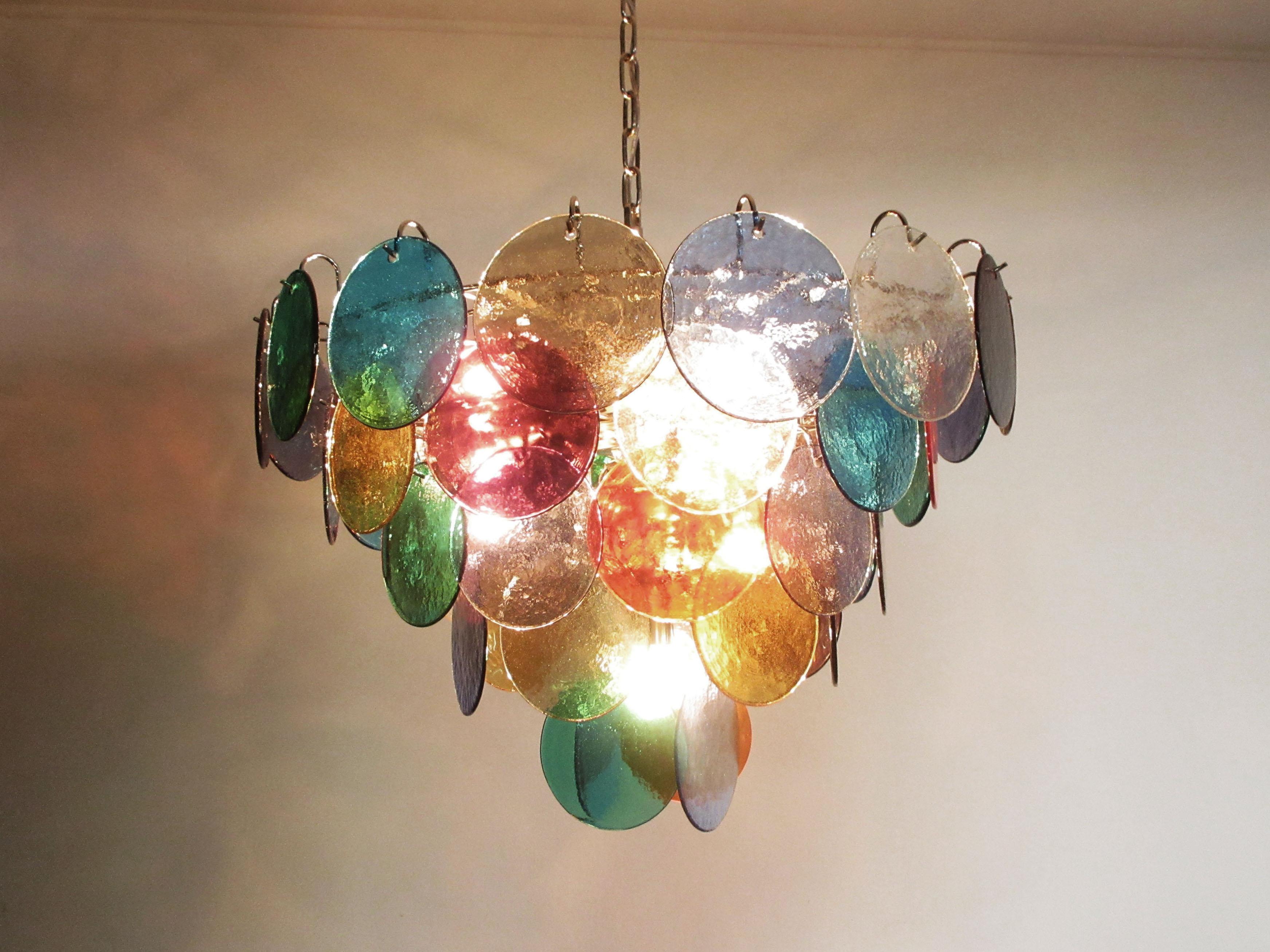 Pair of Italian 50 Multicolored Glass Disks Chandeliers, Murano In Excellent Condition For Sale In Budapest, HU