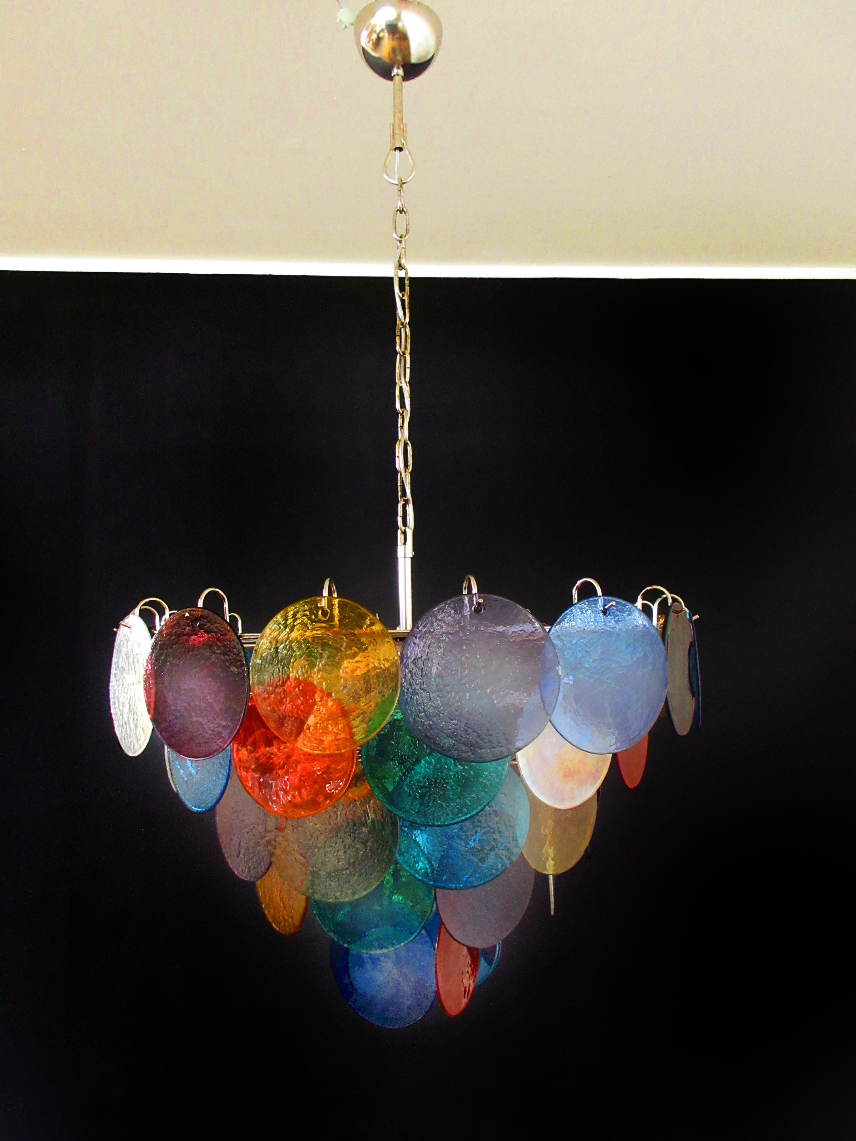 Pair of Italian 50 Multicolored Glass Disks Chandeliers, Murano For Sale 1