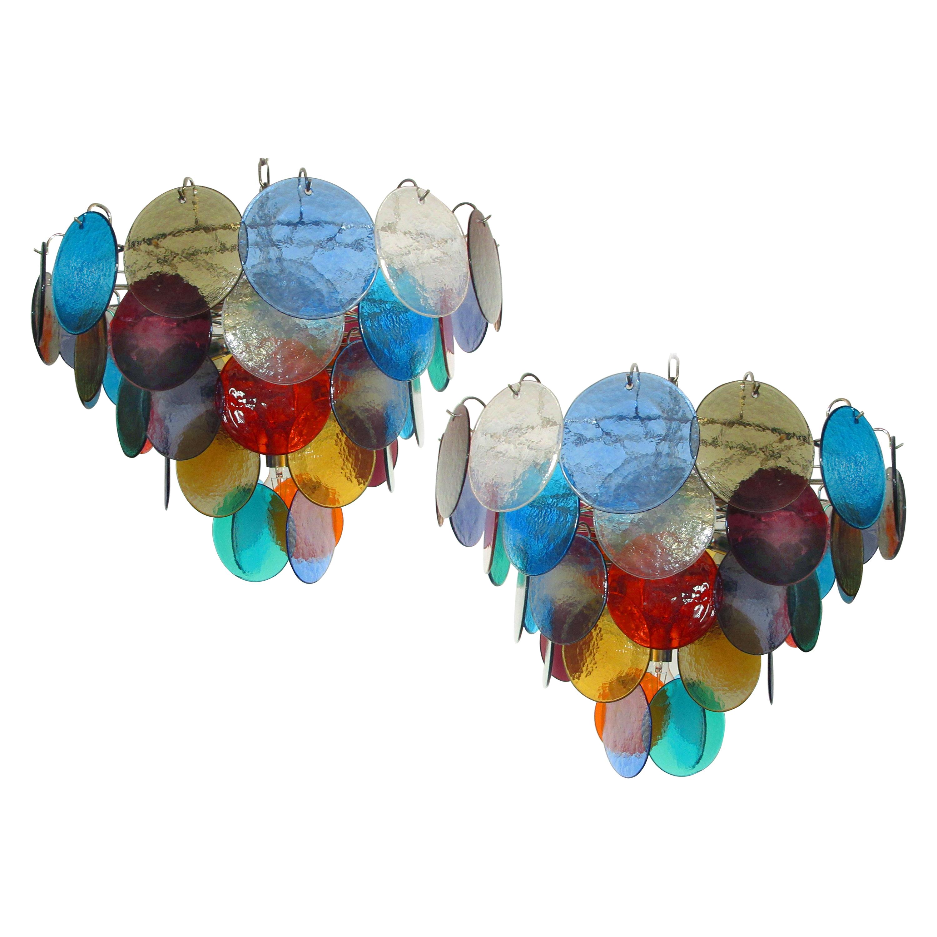 Pair of Italian 50 Multicolored Glass Disks Chandeliers, Murano For Sale