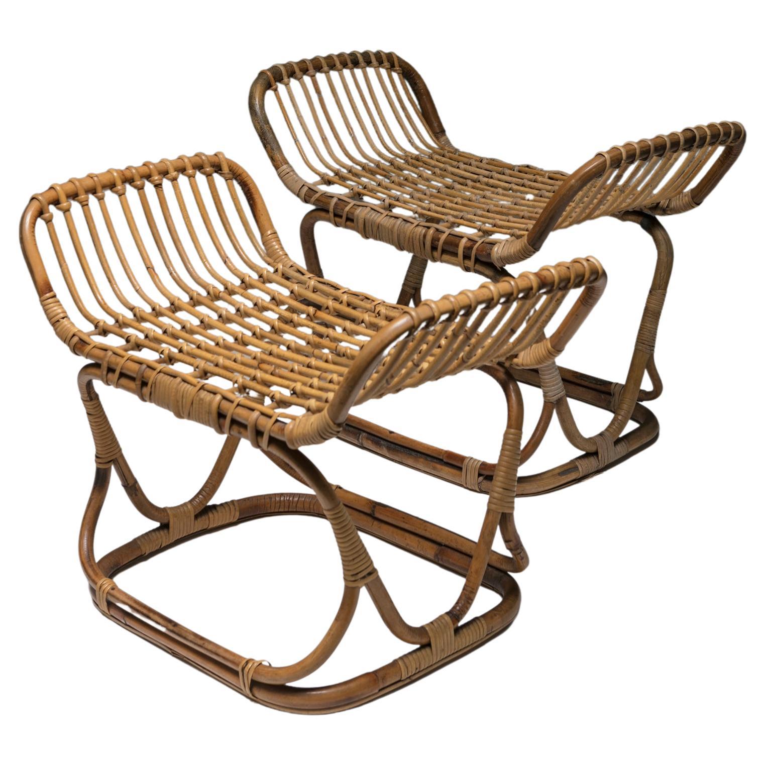 Paire de tabourets en osier italiens des années 60