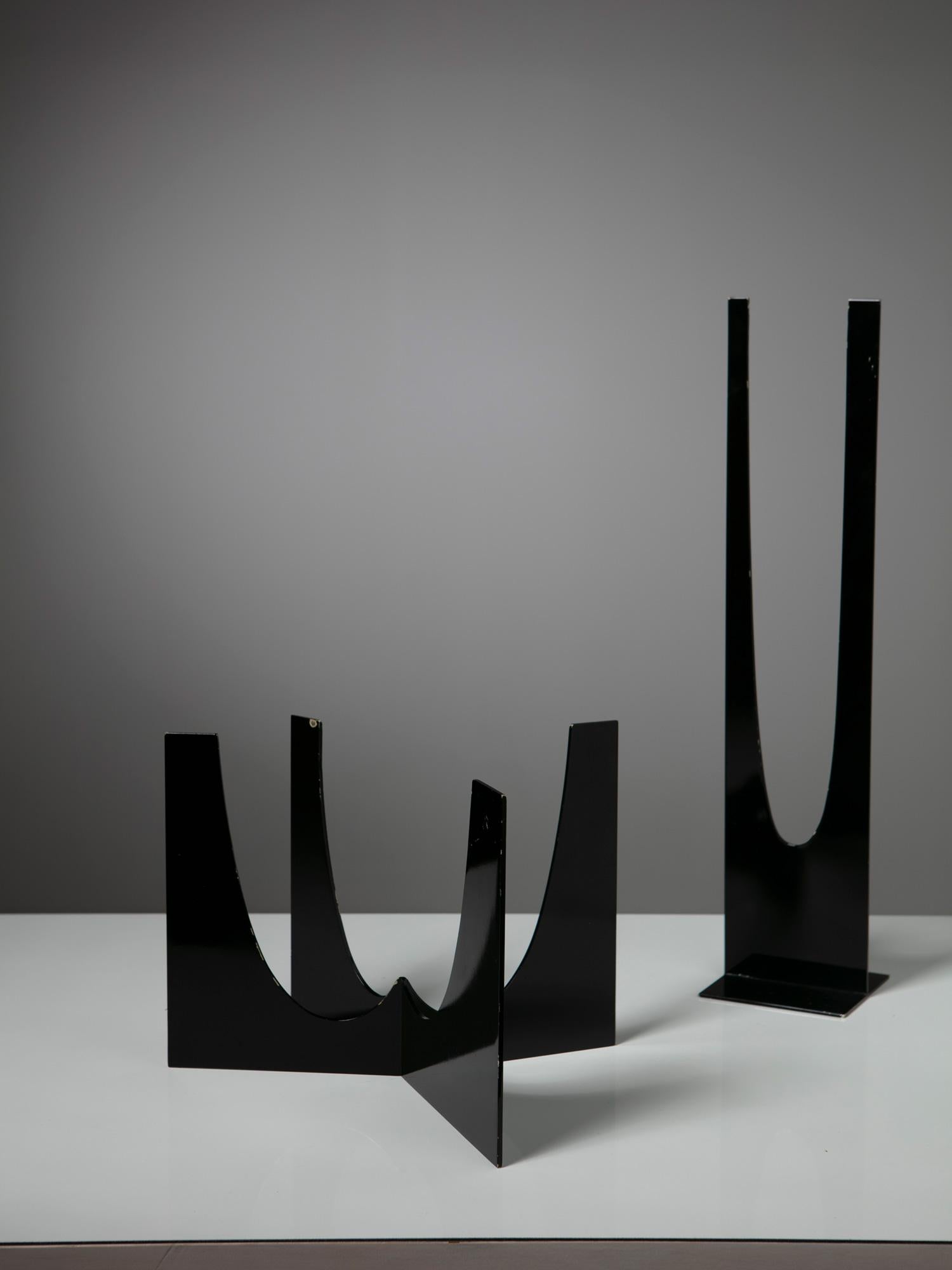 Set of two abstract sculptures with painted steel frames.