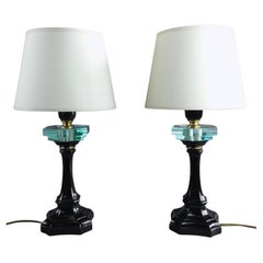 Pair of 1970s Lampart Italian Table Lamps, Solid Brass Structures and Crystals.