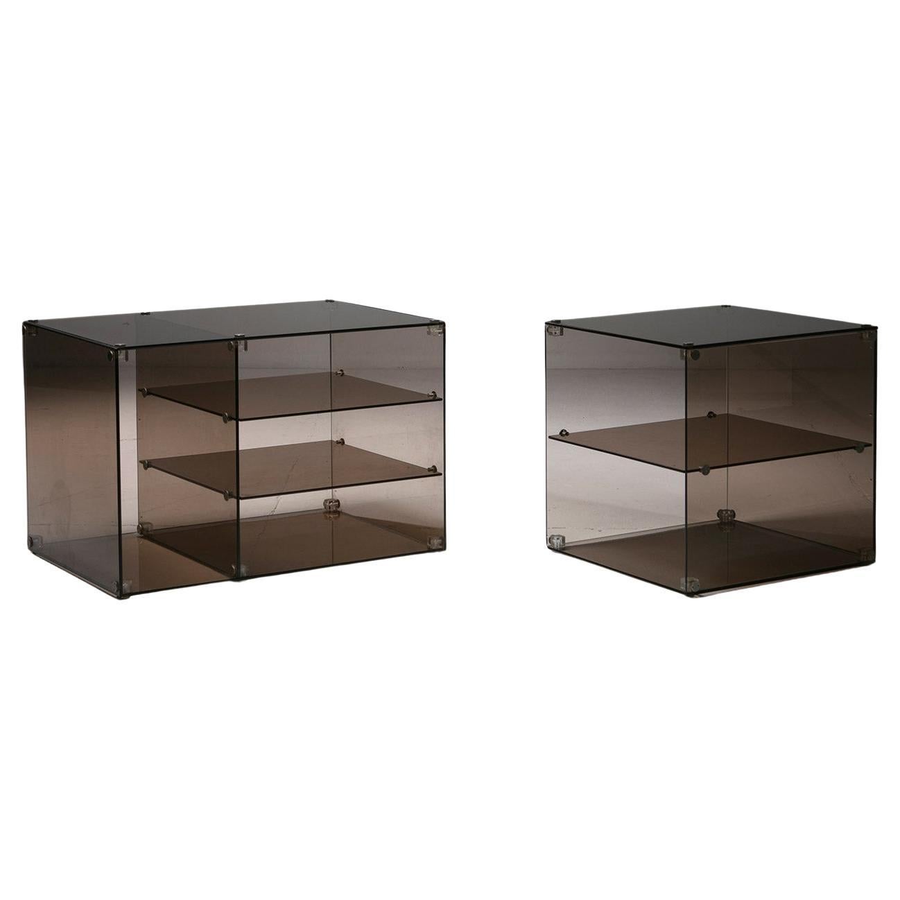 Pair of Italian 70s Smoked Glass Night Stands
