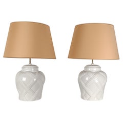 Pair of Italian 70s Table Lamps in White Glazed Ceramic, Vivai del Sud Style
