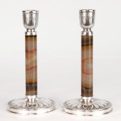 Pair of Italian .800 Silver & Agate or Hardstone Candlesticks