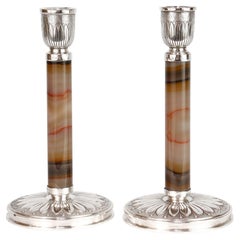 Pair of Italian .800 Silver & Agate or Hardstone Candlesticks