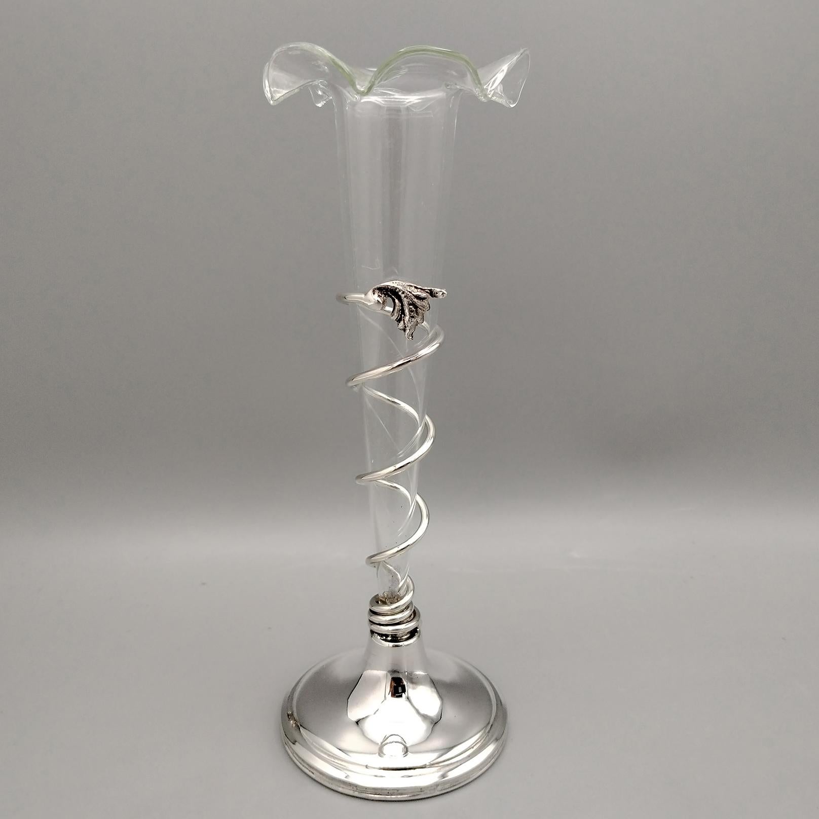 Pair of Italian 800 solid silver vases with blown glass flower holders in vendita 3
