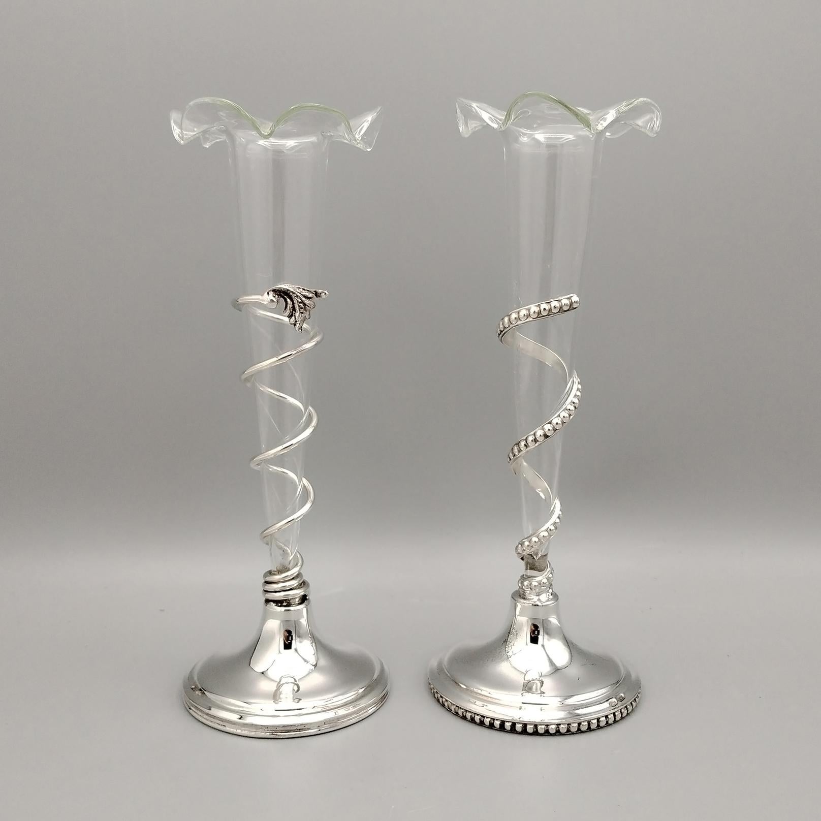 Pair of Italian 800 solid silver vases with blown glass flower holders in vendita 4