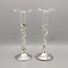 Pair of Italian 800 solid silver vases with blown glass flower holders