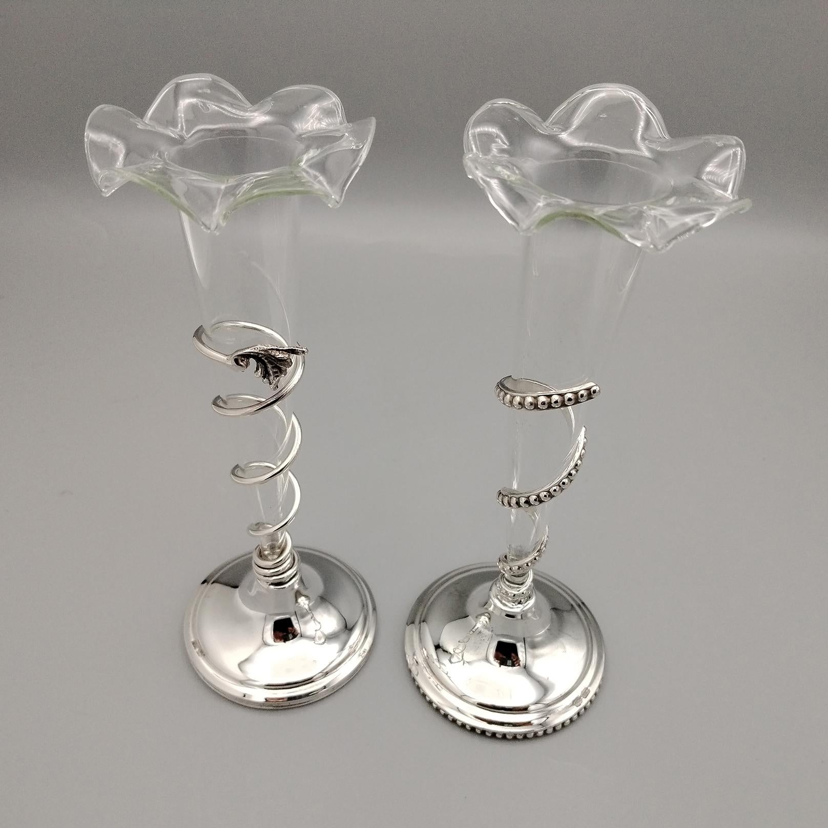 Fatto a mano Pair of Italian 800 solid silver vases with blown glass flower holders in vendita