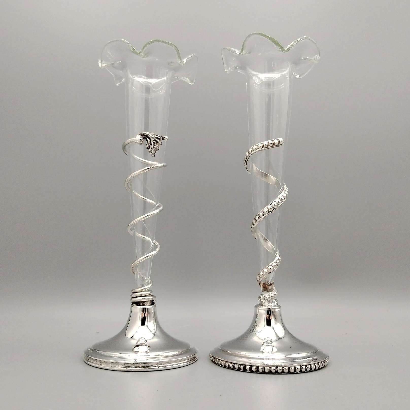 Argento Pair of Italian 800 solid silver vases with blown glass flower holders in vendita