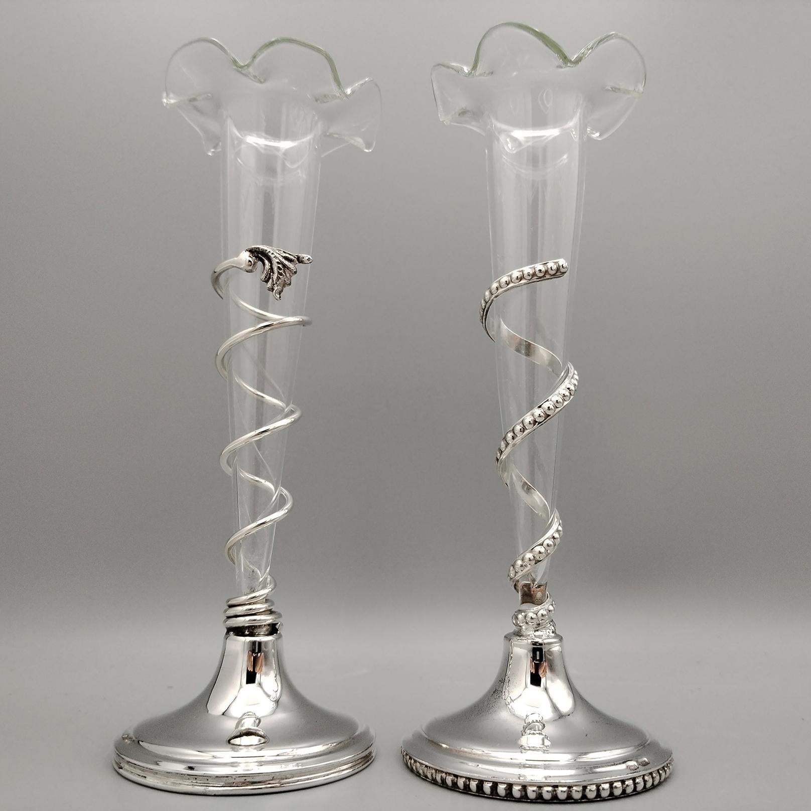 Pair of Italian 800 solid silver vases with blown glass flower holders in vendita 1