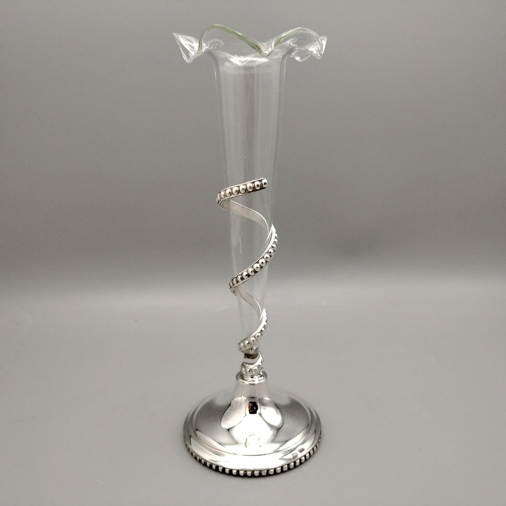 Pair of Italian 800 solid silver vases with blown glass flower holders in vendita 2