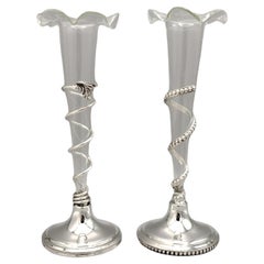 Pair of Italian 800 solid silver vases with blown glass flower holders