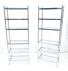 Pair of Italian  81" Tall 6 Glass Shelfs Chrome Etageres w/ Brass Finials MINT