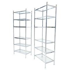 Paire d'articles italiens  81" High 6 Glass Shelfs Chrome Etageres w/ Brass Finials MINT