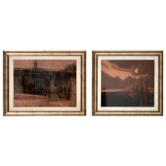 Retro Pair of Italian Abstract Framed Oil Paintings c.1980 Signed “Giussani”