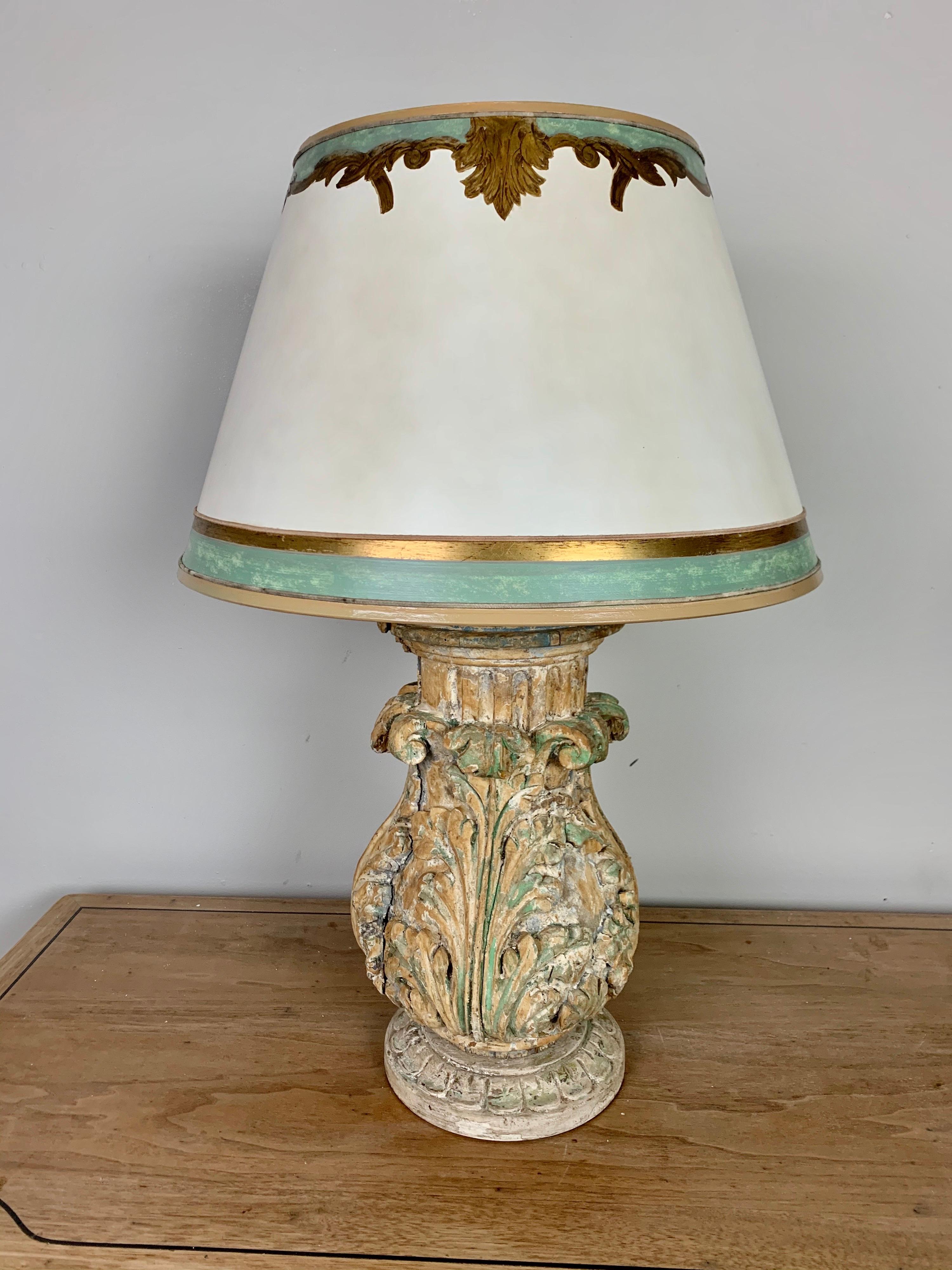 Hand-Carved Pair of Italian Acanthus Leaf Lamps with Parchment Shades For Sale