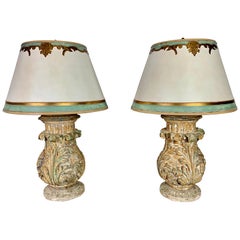 Antique Pair of Italian Acanthus Leaf Lamps with Parchment Shades
