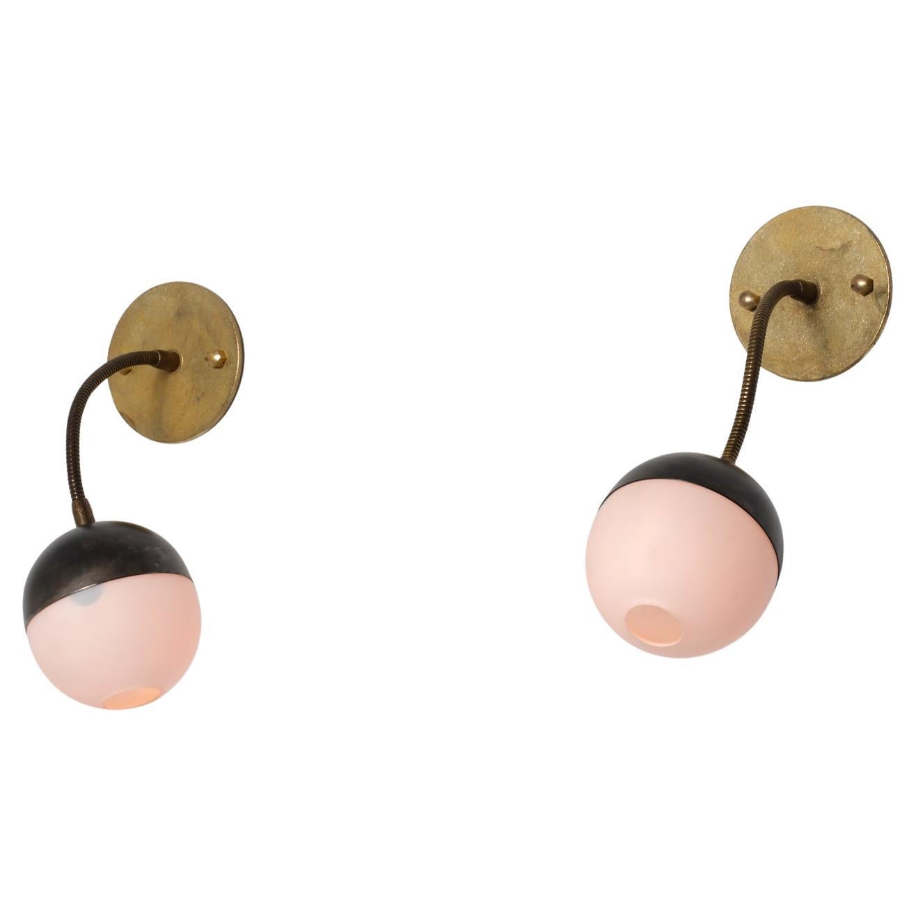 Pair of Italian Adjustable Brass and Opaline Glass Wall Sconces, 1950s
