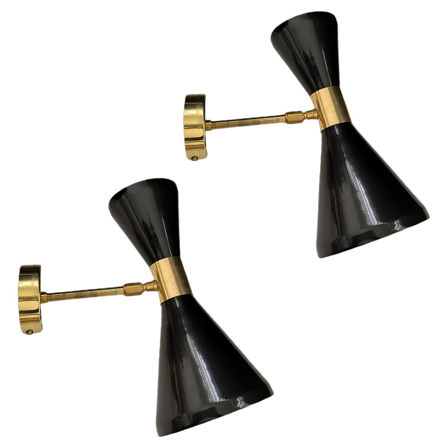 Pair of Italian Adjustable Diabolo Black Wall Lights, in the style of Stilnovo